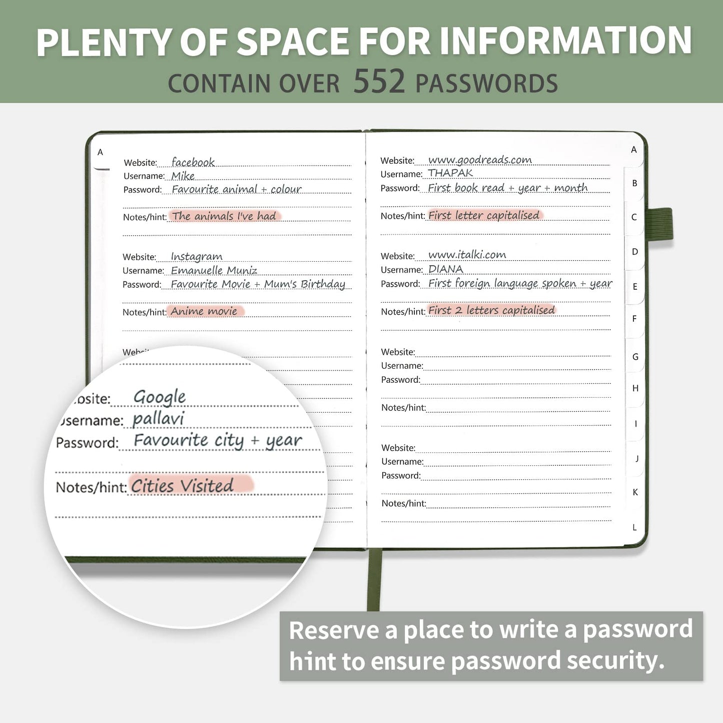 Password Book with Alphabetical Tabs, Hardcover Password Keeper, Password Notebook Organizer for Computer and Internet Address Website Login, Gifts for Home and Office, 5.3''x 7.7''- Green