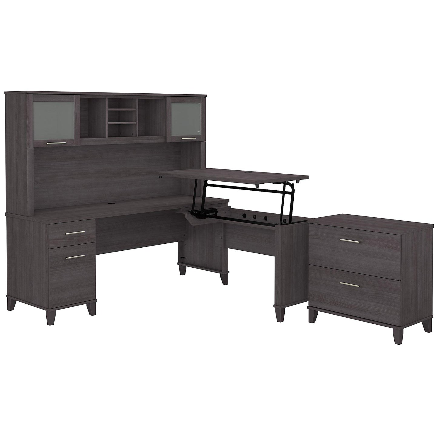 Bush Furniture Somerset 72W 3 Position Sit to Stand L Shaped Desk with Hutch and File Cabinet in Storm Gray