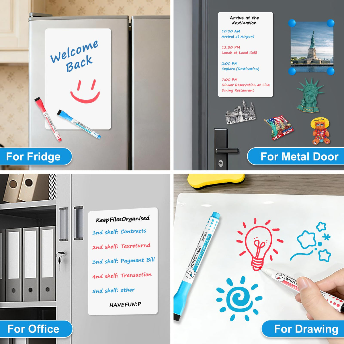Magnetic Whiteboard for Fridge, 20" x 13" Dry Erase Board Set with Markers & Eraser, Strong Magnet & Stain-Resistant Surface, Fridge Calendar for Notes, Grocery List, Meal Planning & Family Schedule