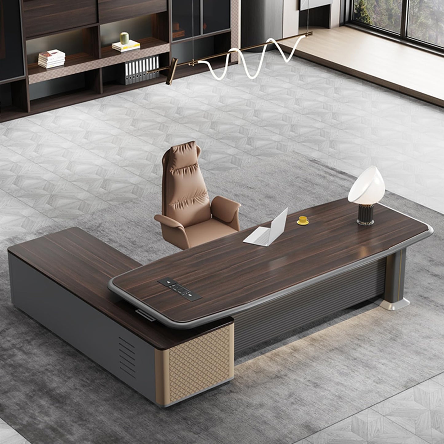 LSIGHTUS Luxury L Shaped Executive Office Desk, Modern Large Home Executive Desk with Drawers Built-in Cable Box & LED Lighting Management Working Table for Boss, Owners
