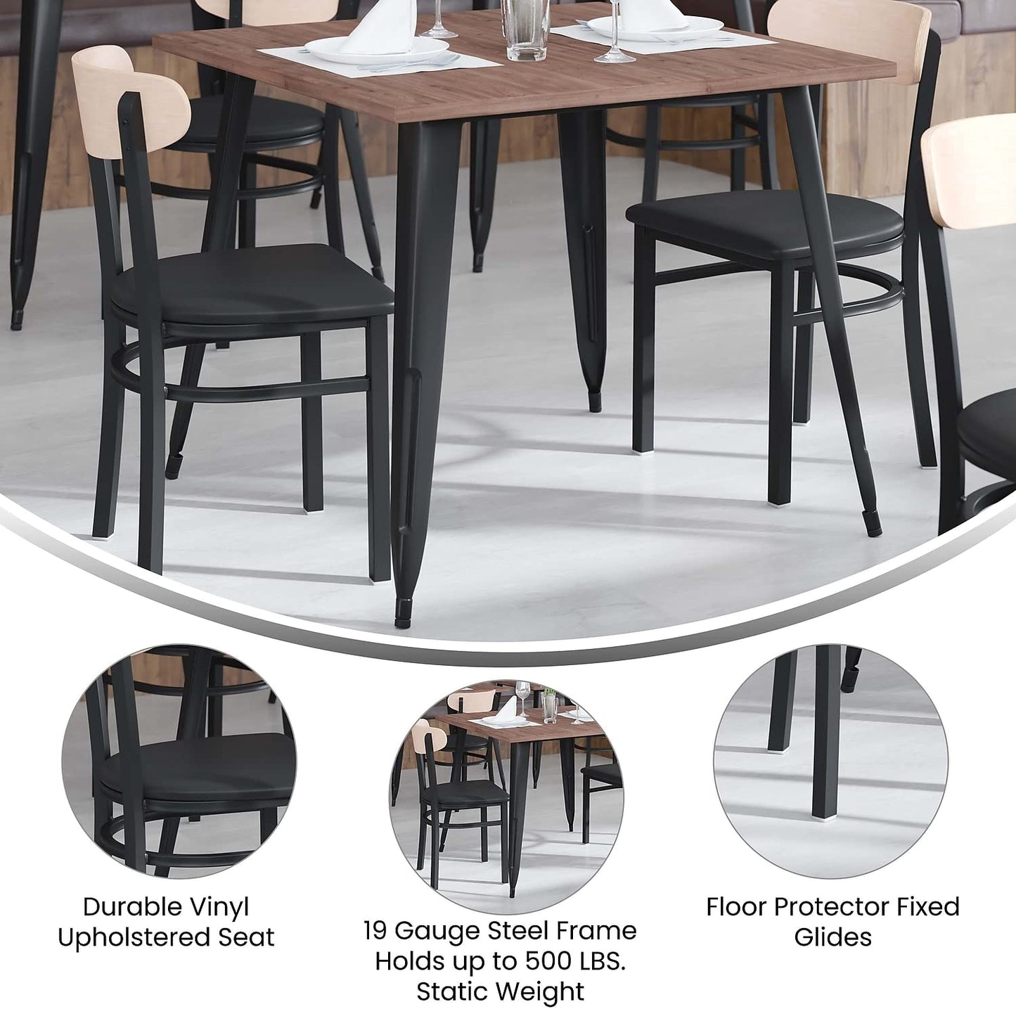 Flash Furniture Wright Set of 2 Commercial Dining Chairs - Natural Wood Boomerang Back - Black Vinyl Seat - 500 LB. Capacity Black Steel Frame-Integrated Footrest