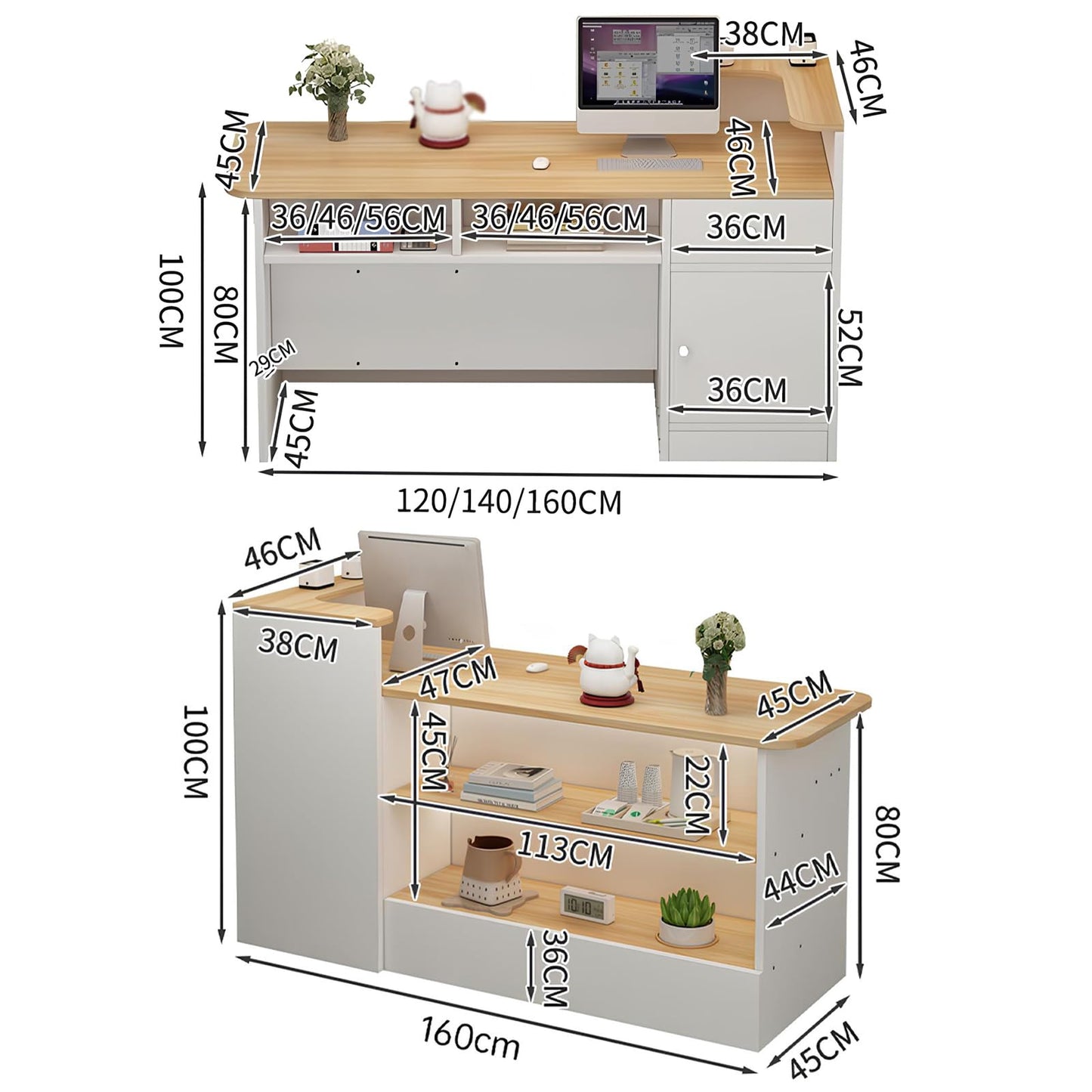 Modern L-Shaped Reception Desk - Stylish Wooden Checkout Counter with Open Shelves & Drawers for Office, Hotel, Store, Beauty Salon - Versatile & Functional Furniture (Grey+Right High 160cm/63in)