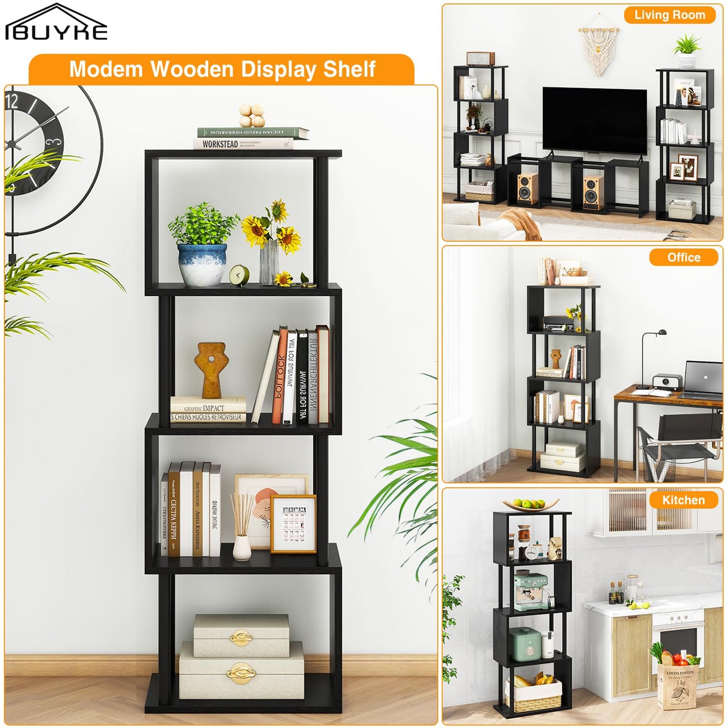 IBUYKE 5-Tier Tall Bookshelf,S-Shaped Geometric Bookcase, Wood Display Shelves with Storage,Modern Bookshelf for Living Room Bedroom, Home Office, Black WBC015B