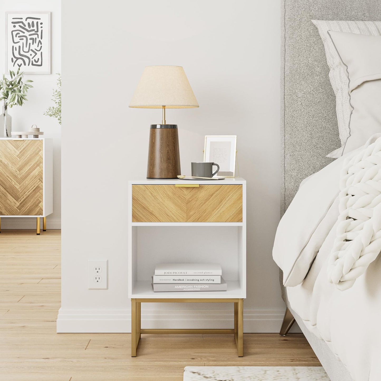 Masupu Night Stand,Bed Side Table Modern Nightstand Boho Wood with Storage Drawer Side End Table for Bedroom,Living Room,Office,White