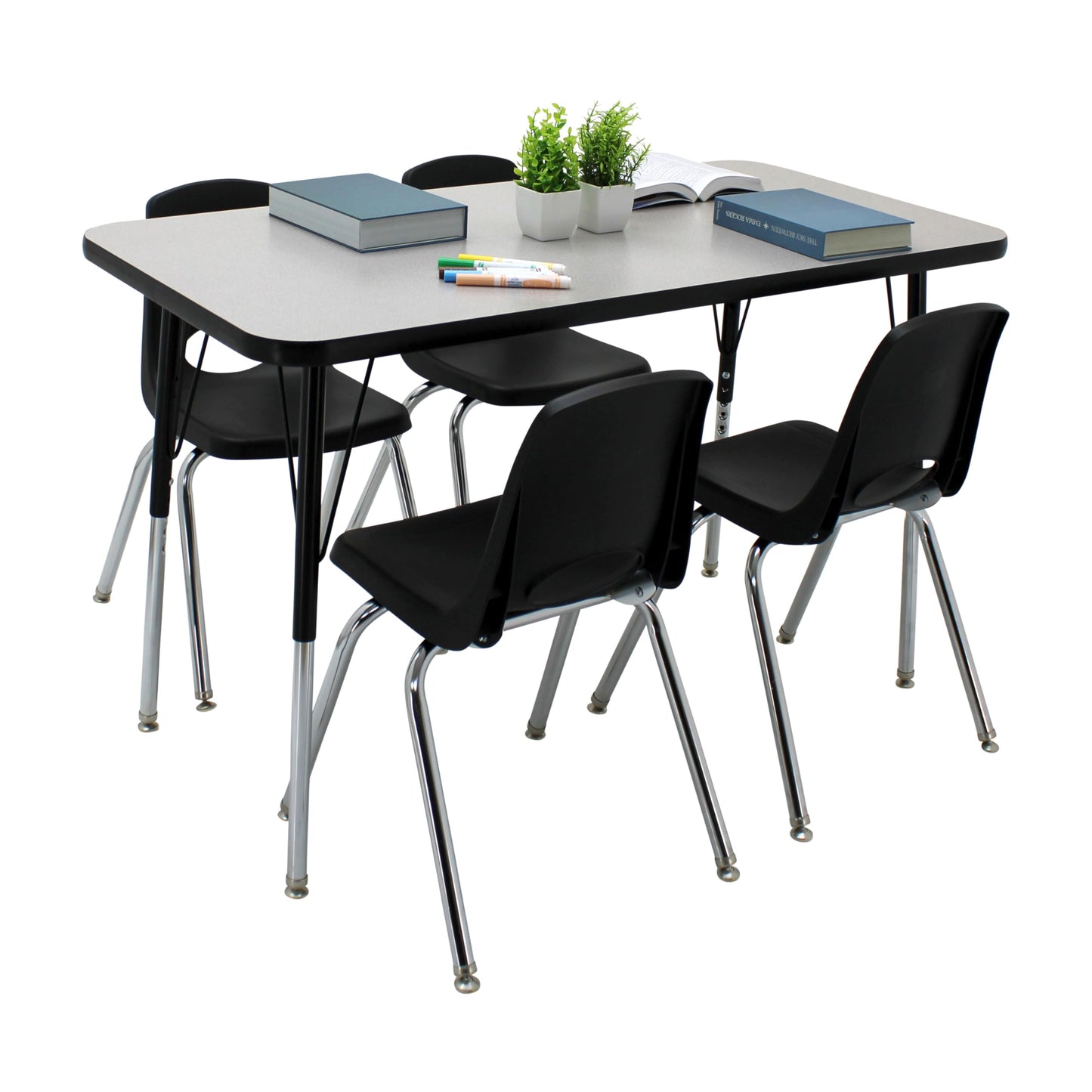 FDP Rectangle Activity School and Office Table (24 x 48 inch), Standard Legs with Swivel Glides, Adjustable Height 19-30 inches; Quick Ship Single Box - Gray Top and Black Edge