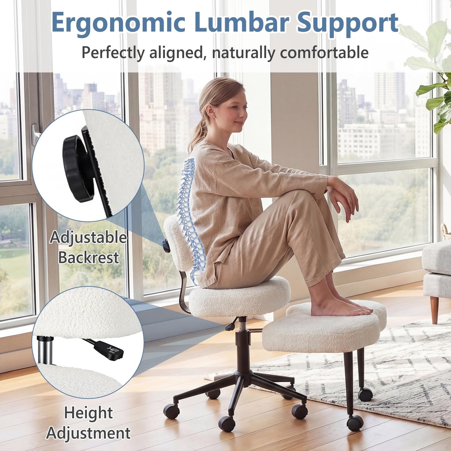 DUMOS Ergonomic ADHD Cross Legged Office Desk Chair with Adjustable Backrest, Height Adjustable Meditation Chair with 360° Swivel Footstool, Teddy Fabric Yoga Stool for Home Office, White