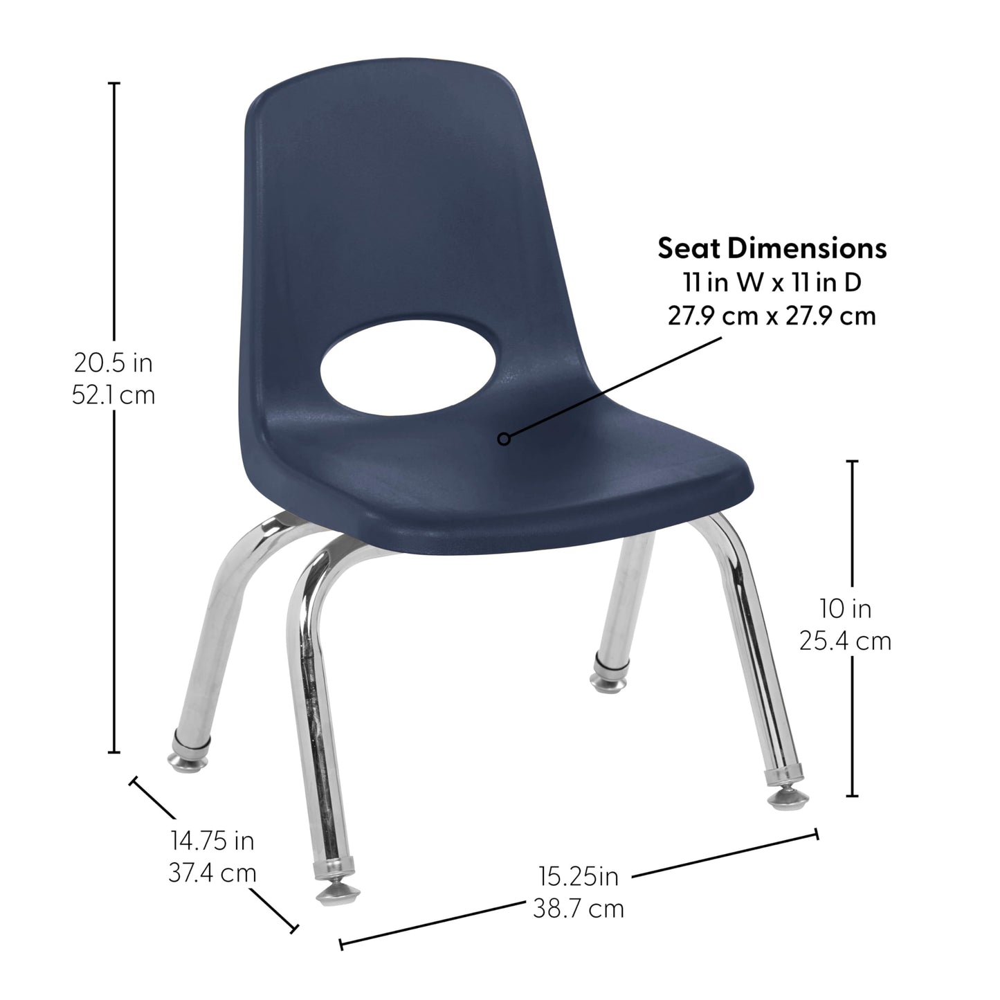 FDP 10" School Stack Chair,Stacking Student Seat with Chromed Steel Legs and Nylon Swivel Glides for in-Home Learning or Classroom - Navy (4-Pack), 13227-NV