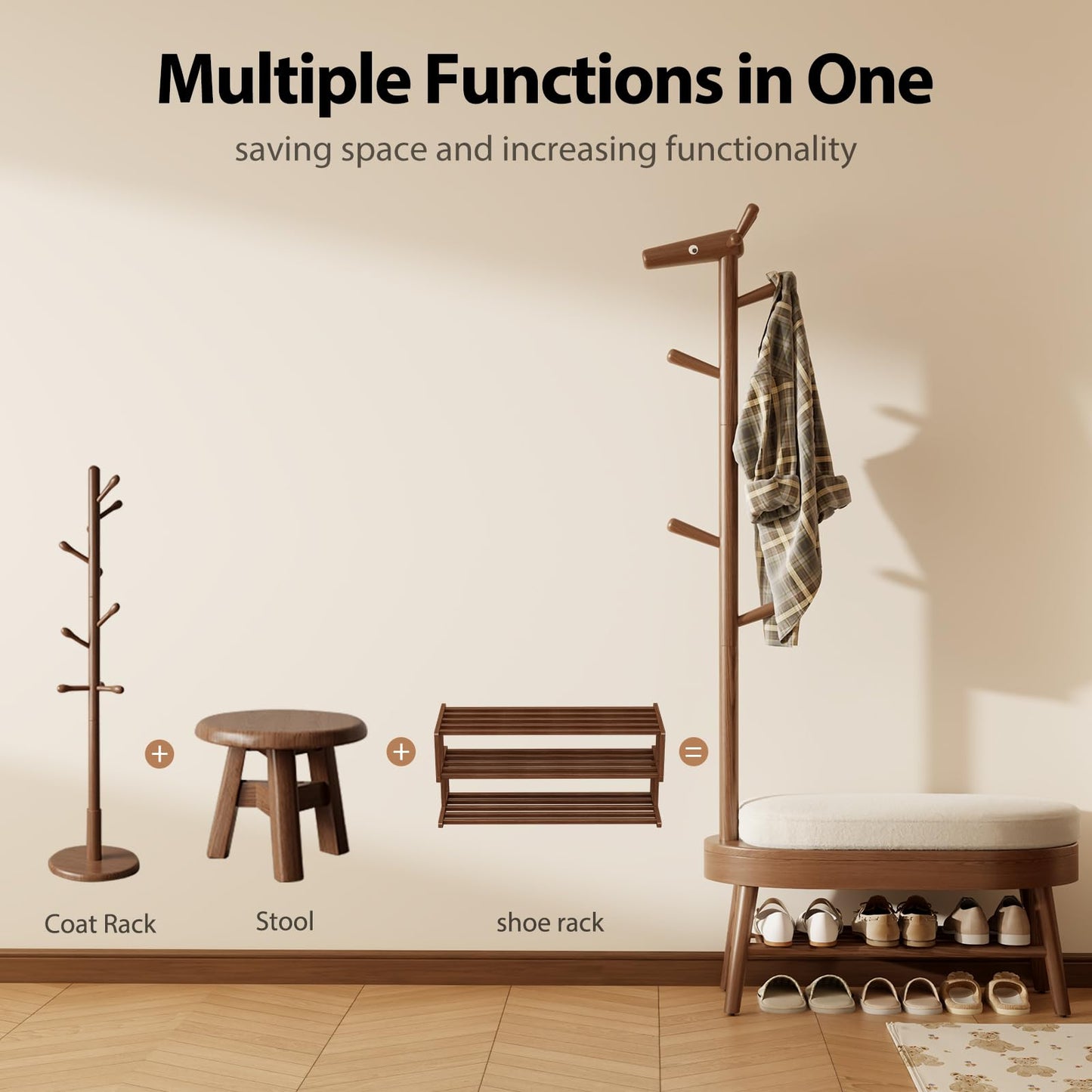AQIMUELE Shoe Rack with Coat Rack, Wooden Shoe Bench with Upholstered Cushion, 3-in-1, 2-Tier Shoe Storage and Cute Animal Hooks for Entryway, Hallway, Closet (Walnut 32.2")