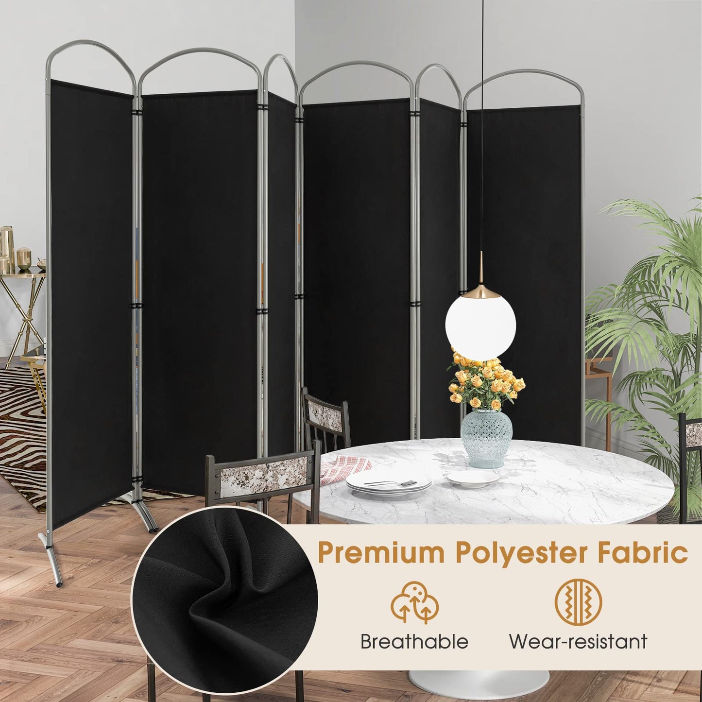 Giantex 6.2Ft Folding 6-Panel Room Divider Black- 130" Wide Freestanding Foldable Fabric Privacy Screen, Lightweight Portable Partition Wall Divider and Separator for Home Office, Apartment, Studio