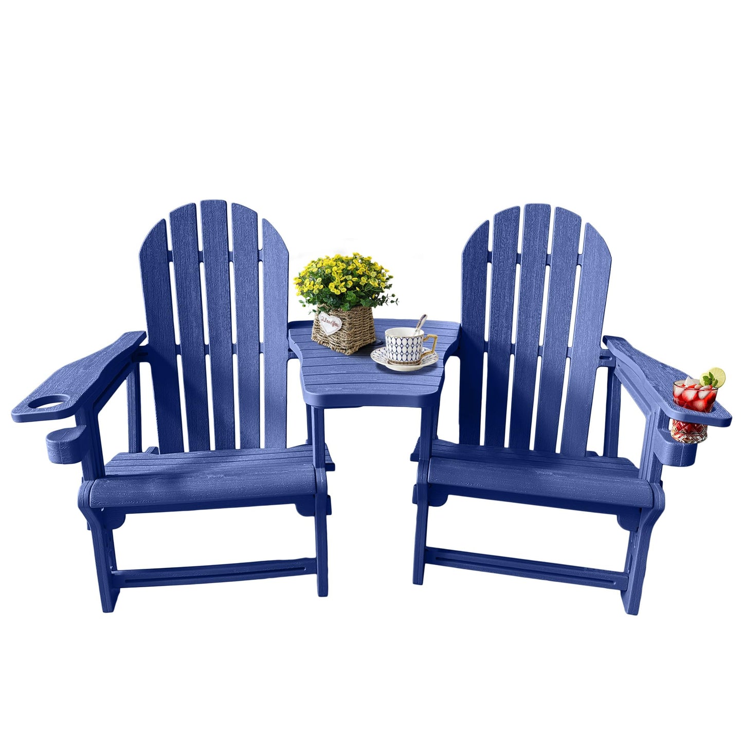 Adirondack Chairs Set of 2 Tool-Free Assembly,Removable Tabletop Tray,No Screws Needed,All-Weather HDPE Outdoor Patio Furniture Set with Cup Holders,Outdoor Lawn Chair for Patio Garden(Navy Blue)