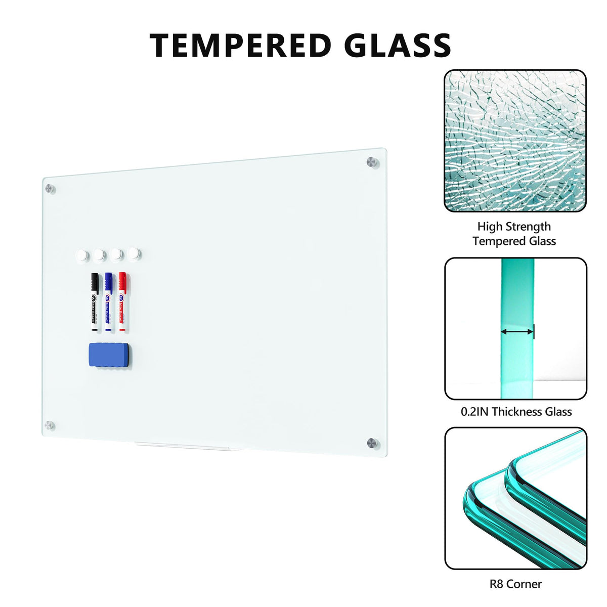 Magnetic Glass Whiteboard for Wall, 36" x 24" Large Dry Erase Board, Frameless Wall-Mounted White Board School, Classroom, Office & Home