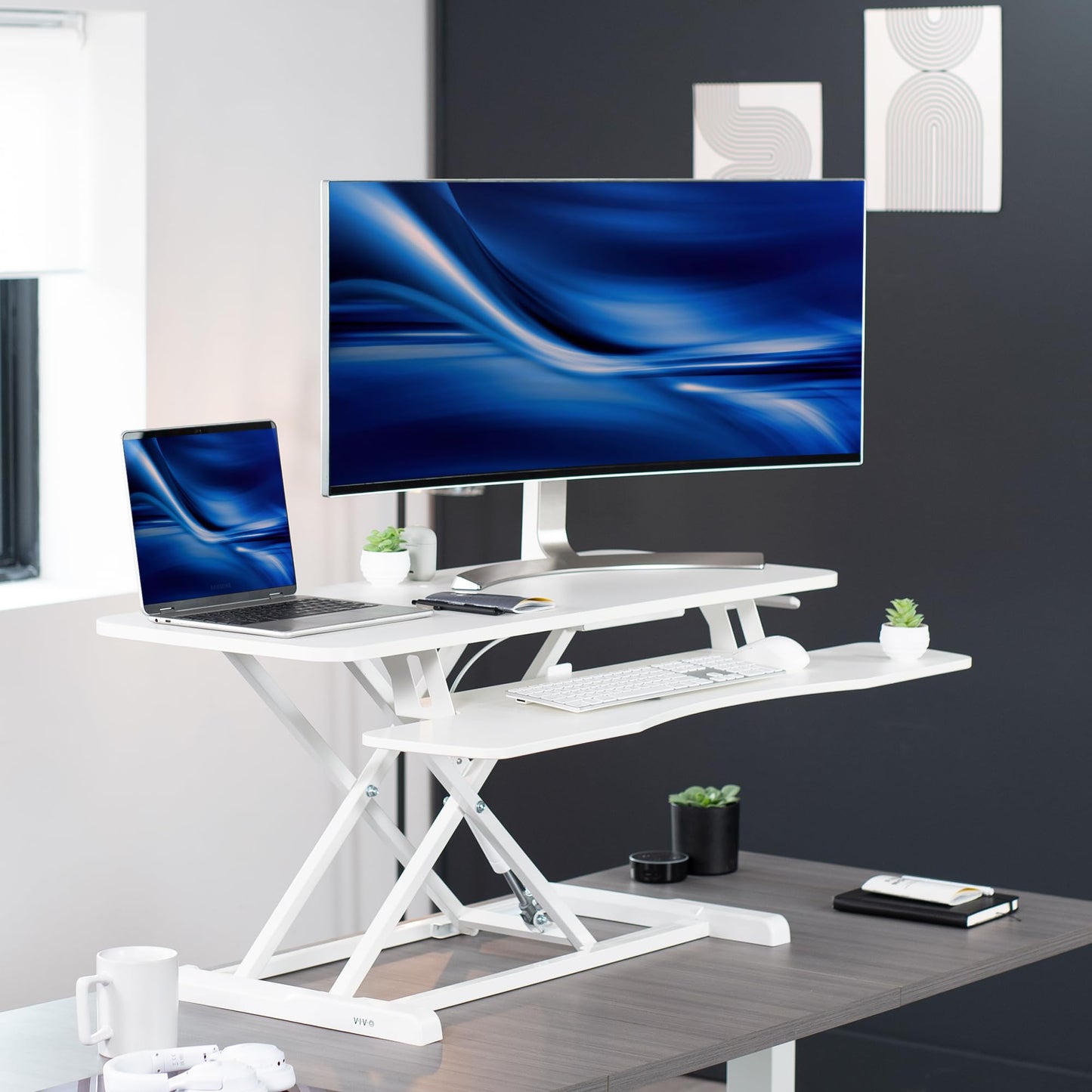 VIVO 42 inch Desk Converter, K Series, Height Adjustable Sit to Stand Riser, Dual Monitor and Laptop Workstation with Wide Keyboard Tray, White, DESK-V042KW