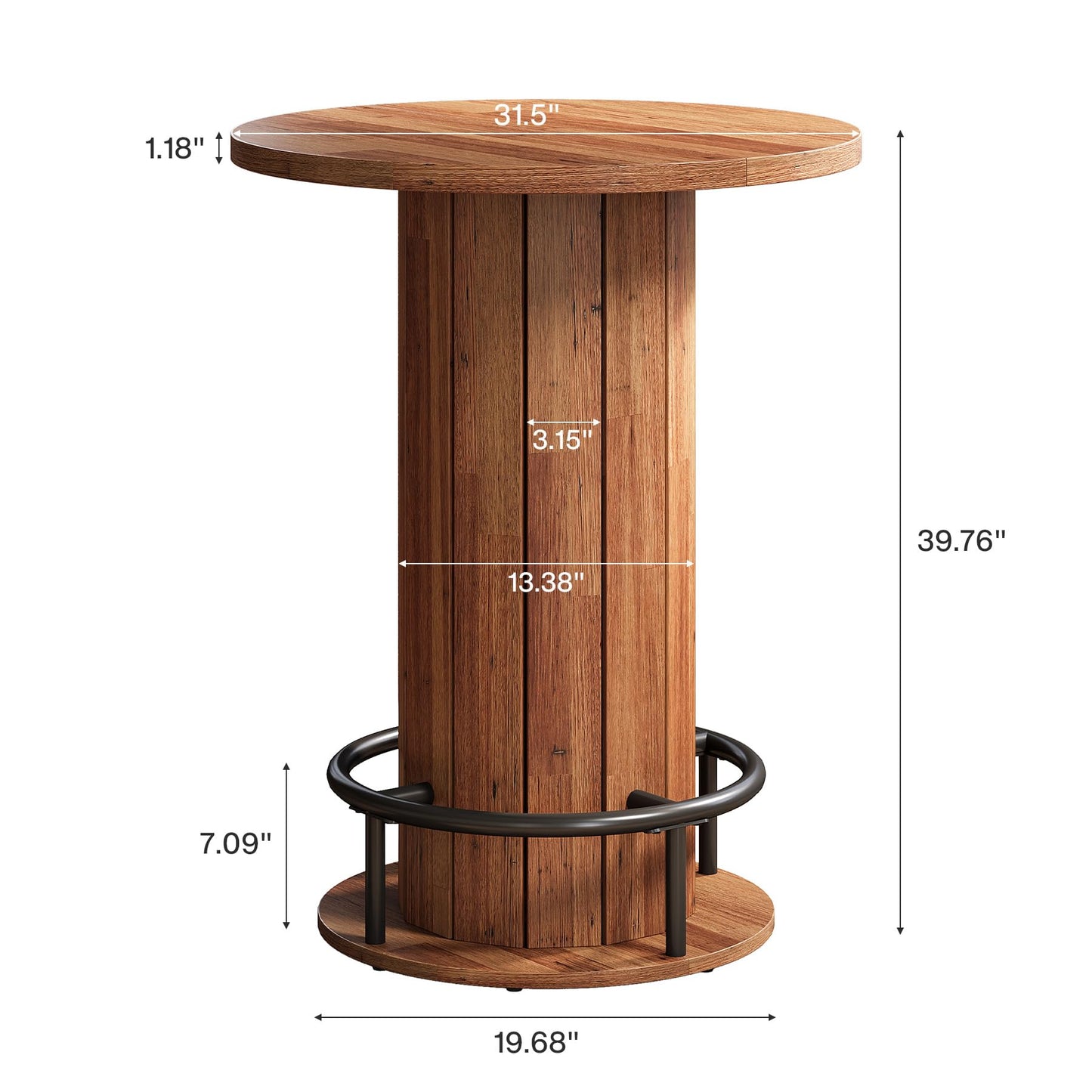 Tribesigns Round Bar Table, 39.4" H Wood Bistro Pub Table with Metal Ring Footrest for Dining Coffee Cocktail Living Room, Small Space, Walnut Brown (Only Table)
