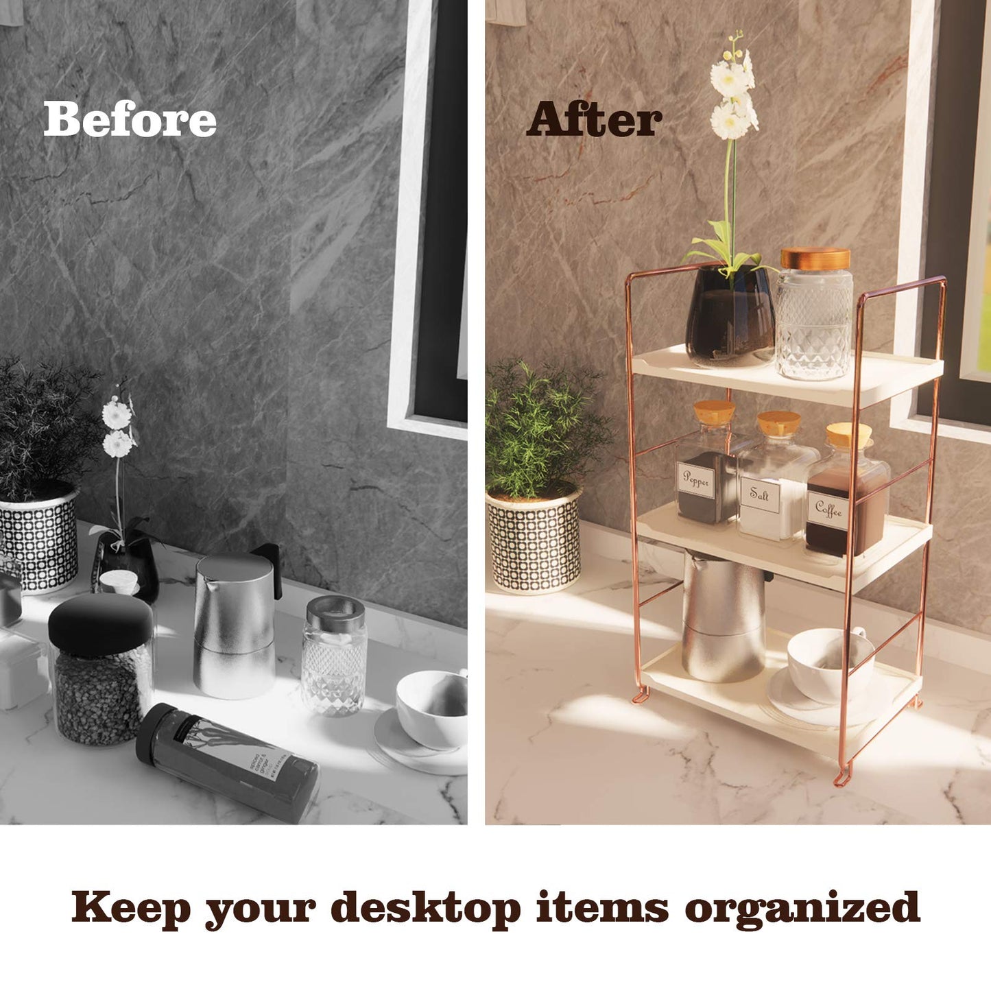 kaileyouxiangongsi Plastic/Metal Freestanding Stackable Organizer Shelf,Bathroom Countertop Storage Shelf Cosmetic Organizer Holder Kitchen Spice Rack,3-Tier Standing Rack (Rose Gold)