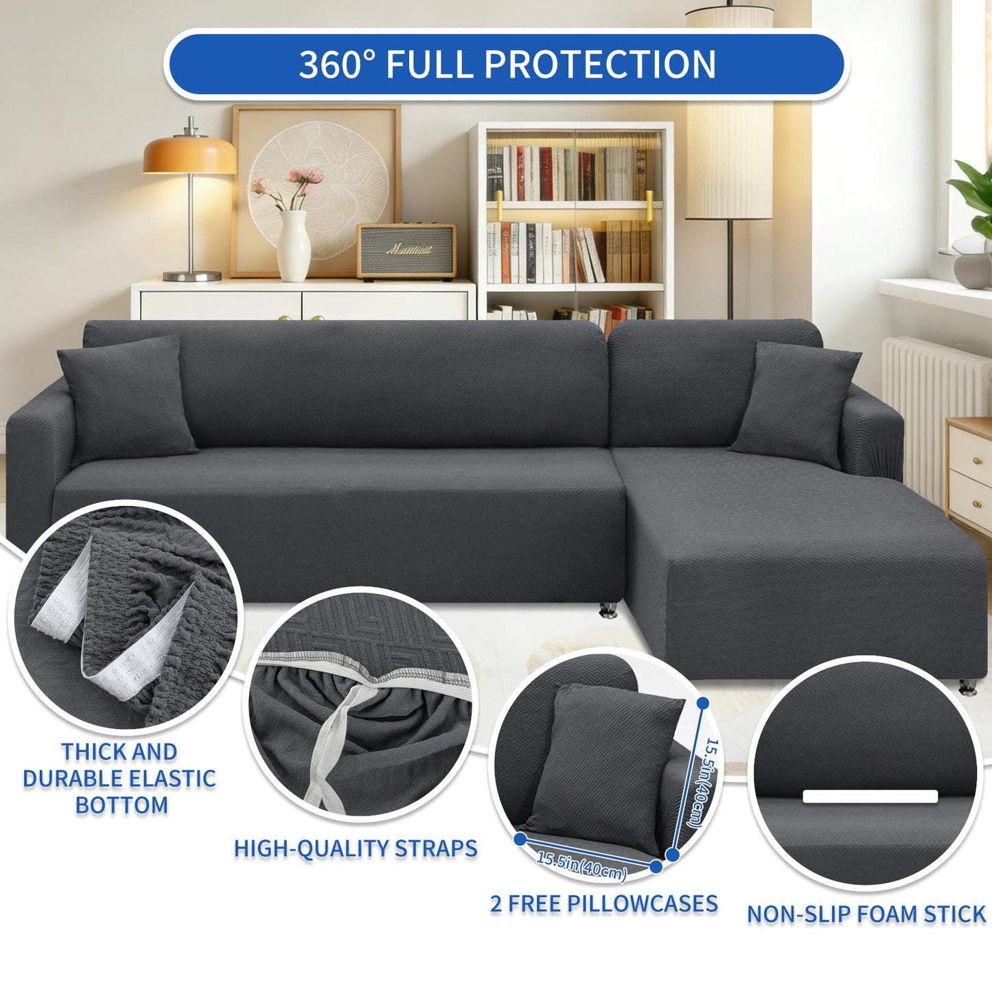 XINEAGE Sectional Couch Cover High Stretch L Shaped Sofa Cover 2 Pieces Non Slip Slipcover with Chaise Furniture Protector with 2 Pillowcases for Pets & Dogs (3 Seat Sofa + 3 Seat Chaise, Dark Gray)