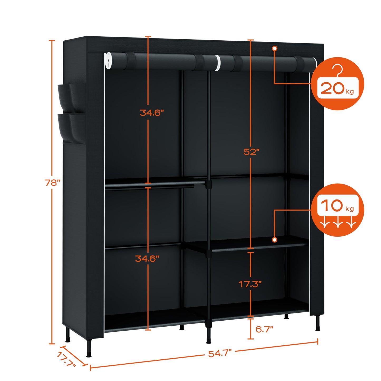 CASAMAYA Clothes Rack, Portable Closet, 54.7 Inch Large Capacity Wardrobe Closet with Cover, Clothes Storage Organizer with Shelves and 3 Hanging Rods, Easy to Assembly, Black PCT122B01