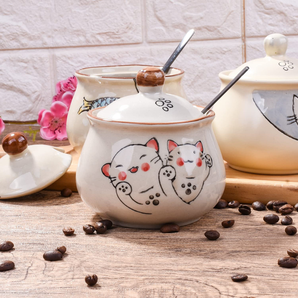 LMRLCS Ceramic Sugar Bowl with Lid and Spoon, Japanese Sugar Bowl with Spoon and Lid (Style 2)