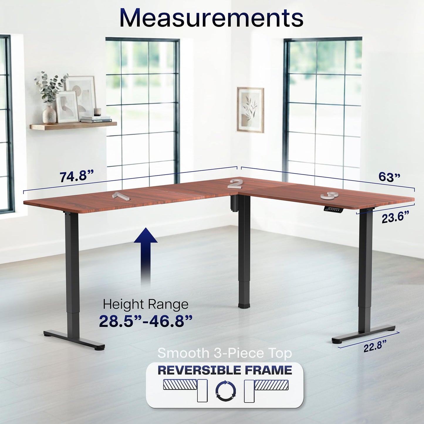 VIVO Corner Standing Desk, 75 x 63 inch Reversible L-Shaped Workstation, Electric Height Adjustment, Home, Office, and Reception Rooms, Dark Walnut Table Top Black Frame, DESK-E3CTD-75
