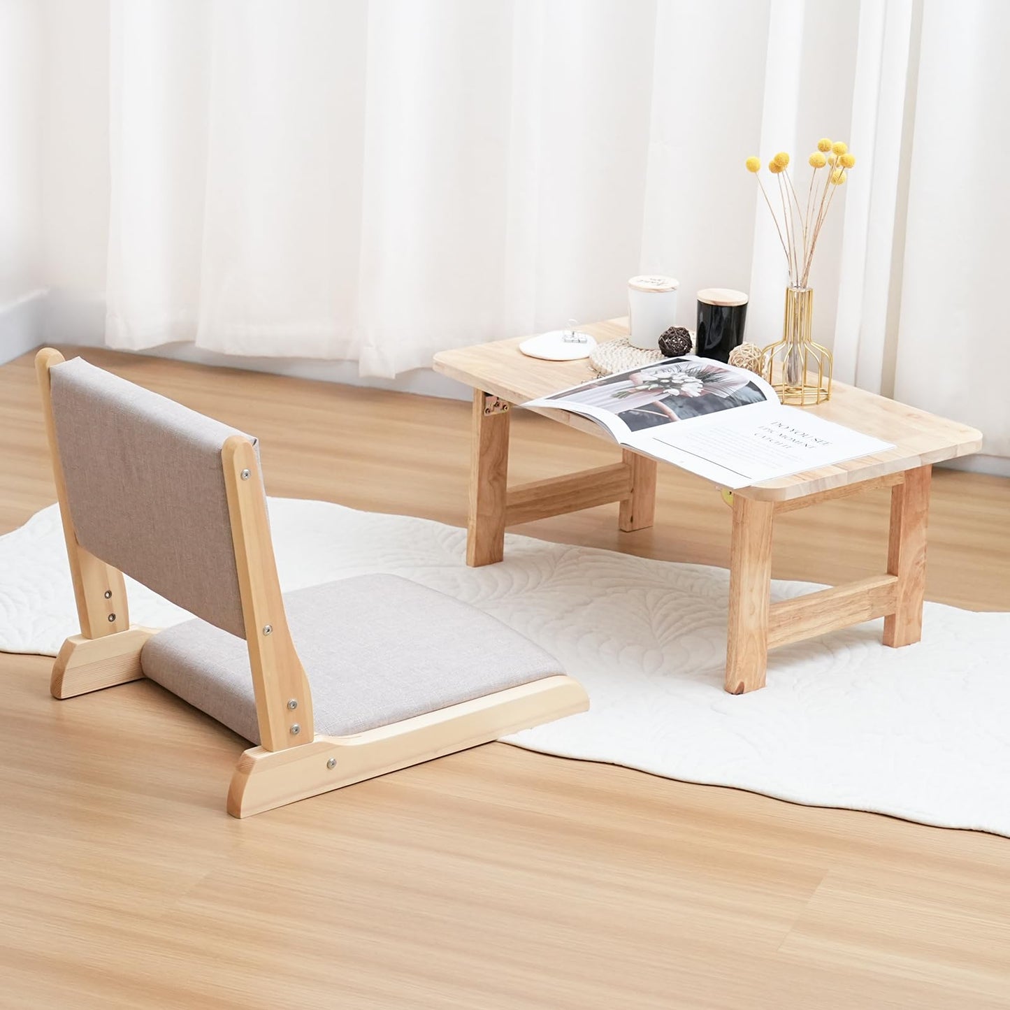 YOUKEEJOJO Japanese Floor Chair with Back Support, Foldable Meditation Chair, Legless Tatami Chair with Cushion, Floor Seat for Living Room, Bedroom, Bay Window (1, Gray)