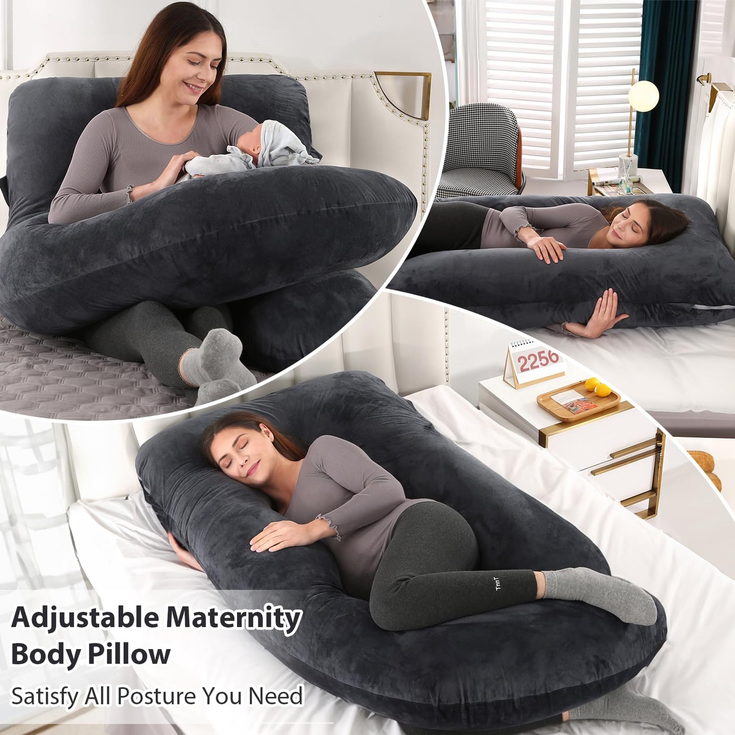 BATTOP Pregnancy Pillows for Sleeping, Full Body Maternity Pillow for Side Sleeping, Support for Back, Legs, Belly, Hips, 57 Inch Pregnancy Pillow with Removable Cover, Black