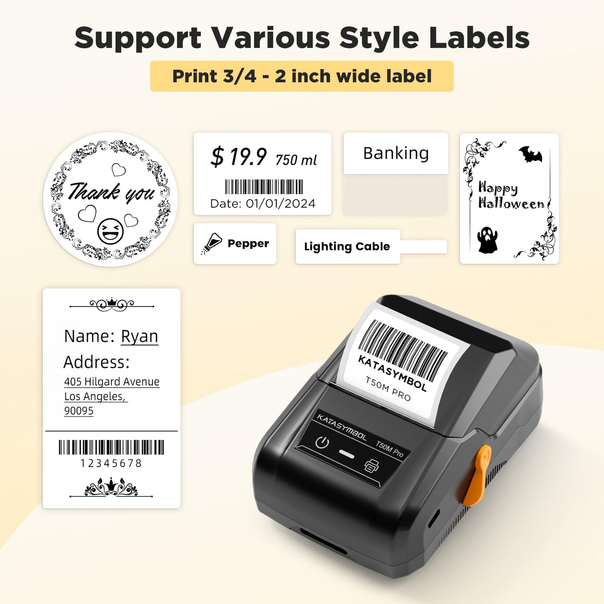 SUPVAN T50M Pro Bluetooth Label Maker Machine with Tape, Wide Waterproof Label, Versatile App with 30+ Fonts and 660+ Icons, Inkless Labeler for Home, Kitchen, School, Office Organization, Black