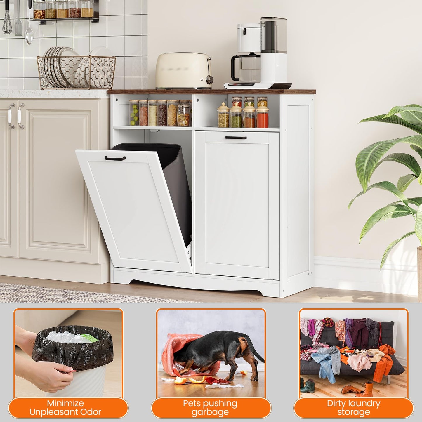 HOOBRO Double Tilt Out Trash Can Cabinet, 20 Gallon Kitchen Trash Bin Cabinet, Hidden Trash Storage with Open Compartments, Hidden Laundry Hamper, for Kitchen, Laundry, White and Walnut WH04LJ01