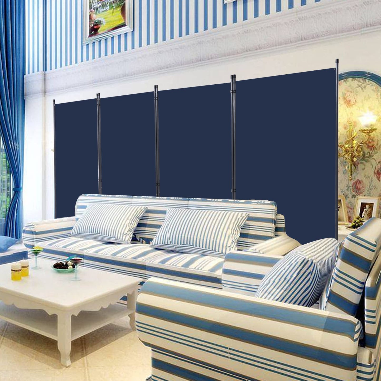 YASRKML Room Divider Folding Privacy Screens, Portable 4 Panel Partition Room Dividers Screen, Freestanding Room Partitions and Dividers, Navy Blue