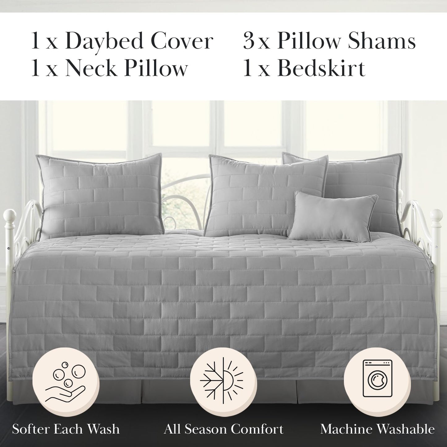 Southshore Fine Living, Inc. Twin Daybed Comforter Set, 6-Piece Bedding Set with Twin Daybed Cover, 3 Pillow Shams, Bed Skirt, Throw Pillow - Day Bed Quilt Set, Brickyard Steel Grey
