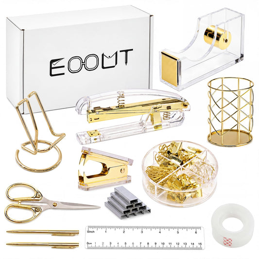 EOOUT Gold Office Supplies Set Desk Accessories, Acrylic Stapler Set Staple Remover, Phone Holder, Tape Holder, Pen Holder, 2 Ballpoint Pen, Scissor, Binder Clips, Ruler, Transparent Glue and Staples.