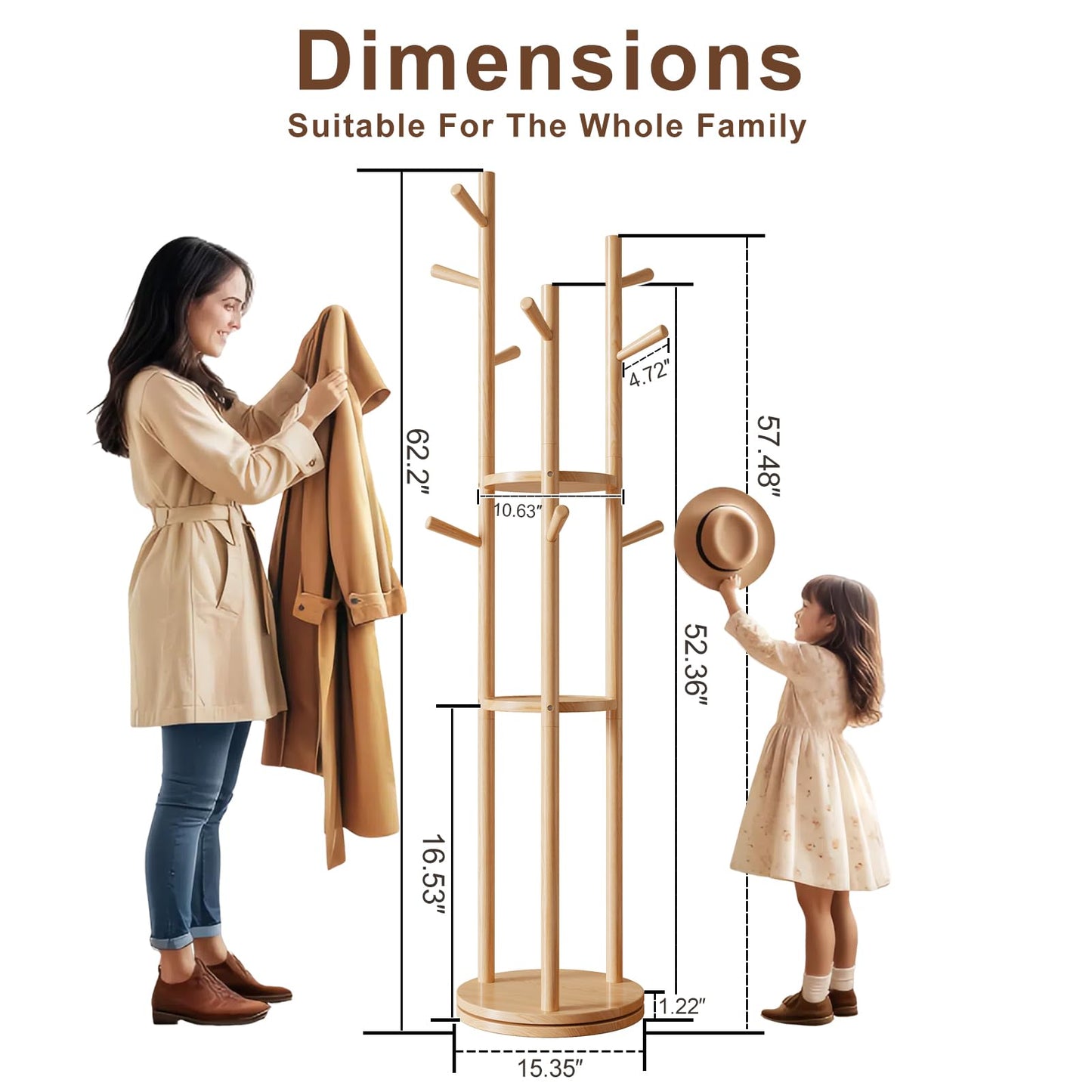 Muwuele Solid Wood Rotary Coat Rack, Freestanding Coat Rack with 3 Shelves and 9 Hooks, Coat tree for Bedroom, Entryway, Livingroom, Coat Hanger Stand for Coats, Scarves, Handbags (Natural)