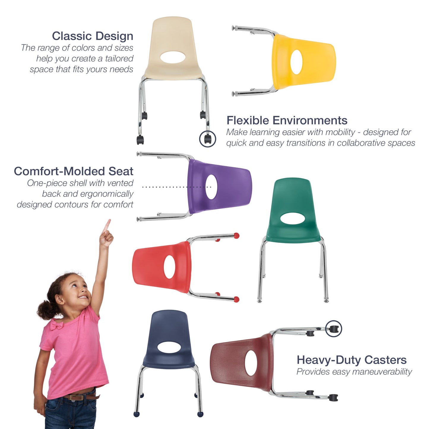 FDP 18" Mobile School Chair with Wheels for Kids, Teens and Adults Ergonomic Seat for in-Home Learning, Classroom or Office - Yellow (2-Pack)