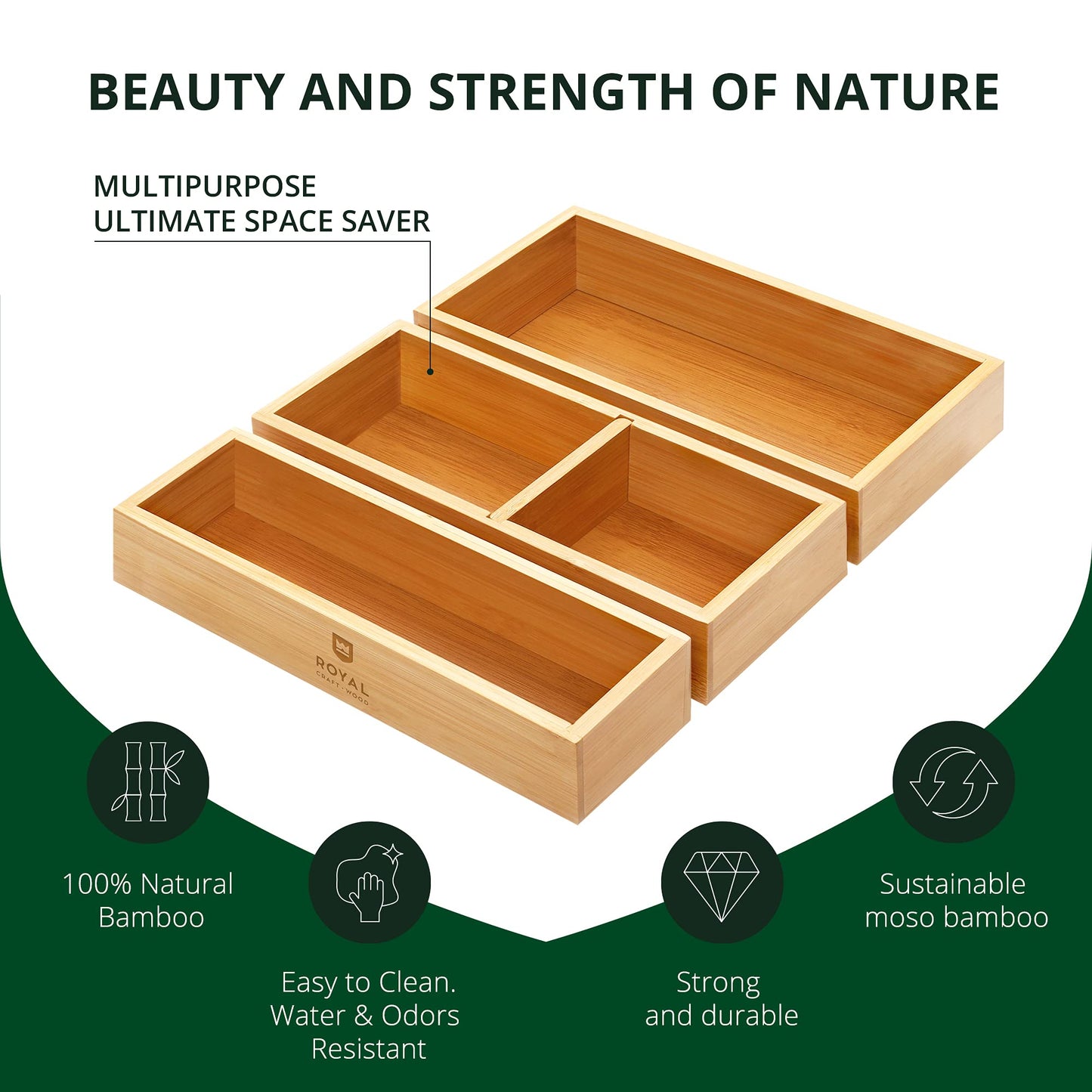 ROYAL CRAFT WOOD Luxury Bamboo Drawer Organizer Storage Box, Bin Set - Multi-Use Drawer Organizer for Kitchen, Bathroom, Office Desk, Makeup, Jewelry (3 Boxes)