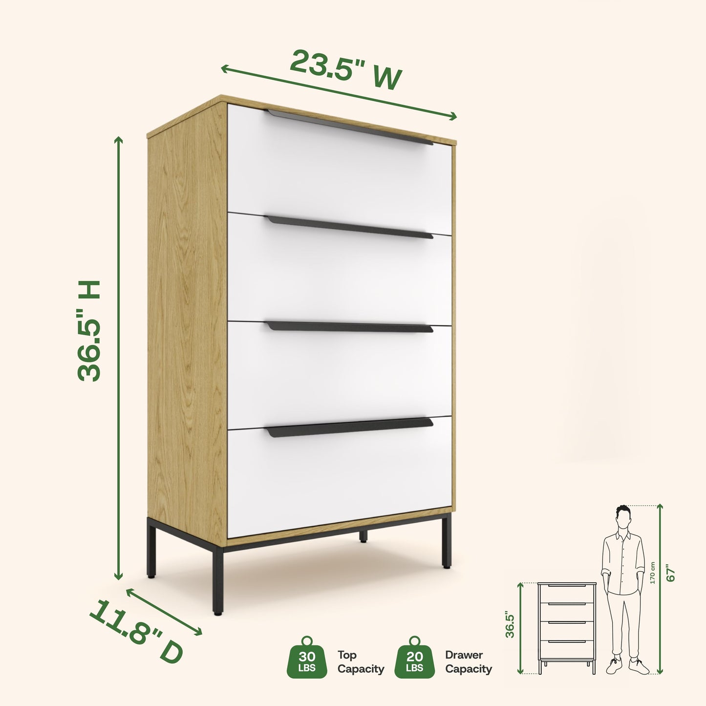 tinge Lira Premium 4 Drawer Fabric Dresser - Engineered Wood Frame Chest of Drawers for Bedroom - Strong & Sag-Proof Clothing Organizer with Sleek Metal Handles (Light Brown)