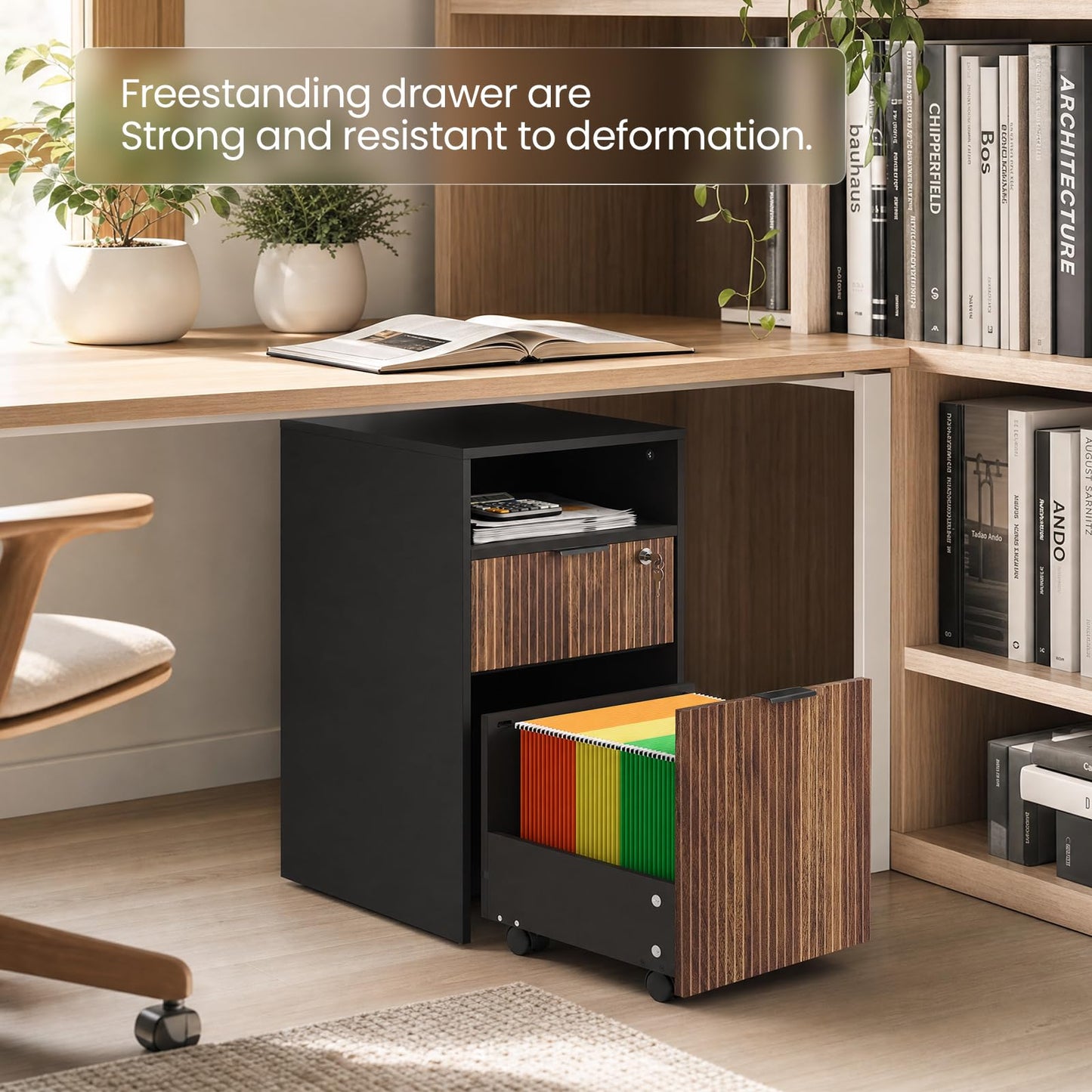 CHOEZON File Cabinet, Fluted File Storage Cabinet with Lockable Drawer, Rolling Storage Cabinet on Wheels, Under-Desk Storage, Printer Stand, for Office and Study, Black and Dark Walnut MWJ07BL