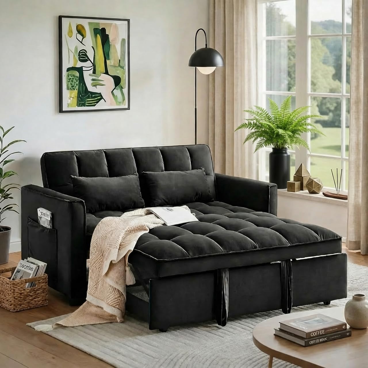 Trygoal 3 in 1 Sofa Bed, Loveseat Sleeper Sofa Bed with Side Pockets, Velvet Fabric Pull Out Couch with Adjustable Backrest for Living Room, Bedroom, Apartment, Black