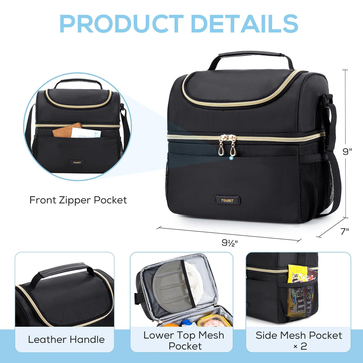 TOURIT Insulated Lunch Bag with Dual Compartment, Leakproof Cooler Tote for Work Office Picnic, Thermal Food Container Black