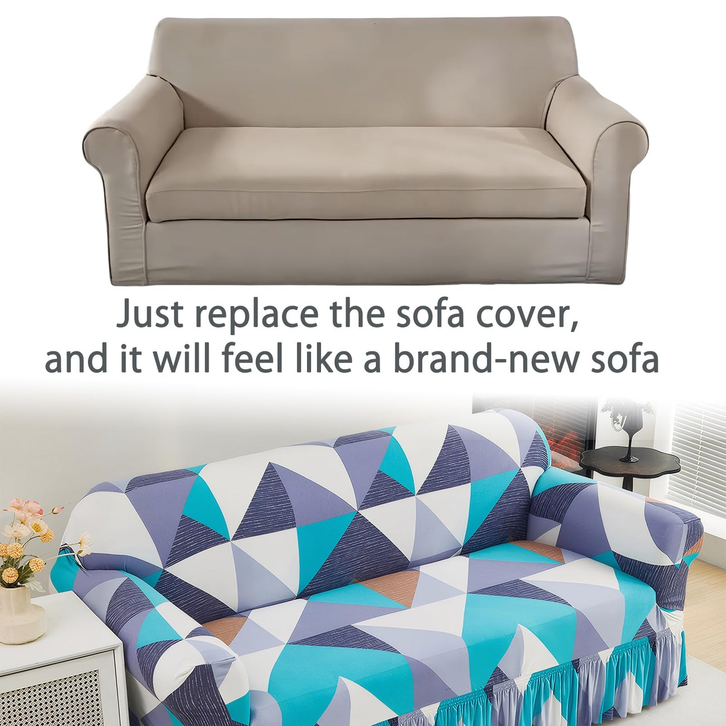Ausing Printed Sofa Cover with Skirt Easy Fitted Armchair Slipcover Stretch Non-Slip Single Couch Cover Washable Universal Furniture Protector Blue Geometric(35”-55”)