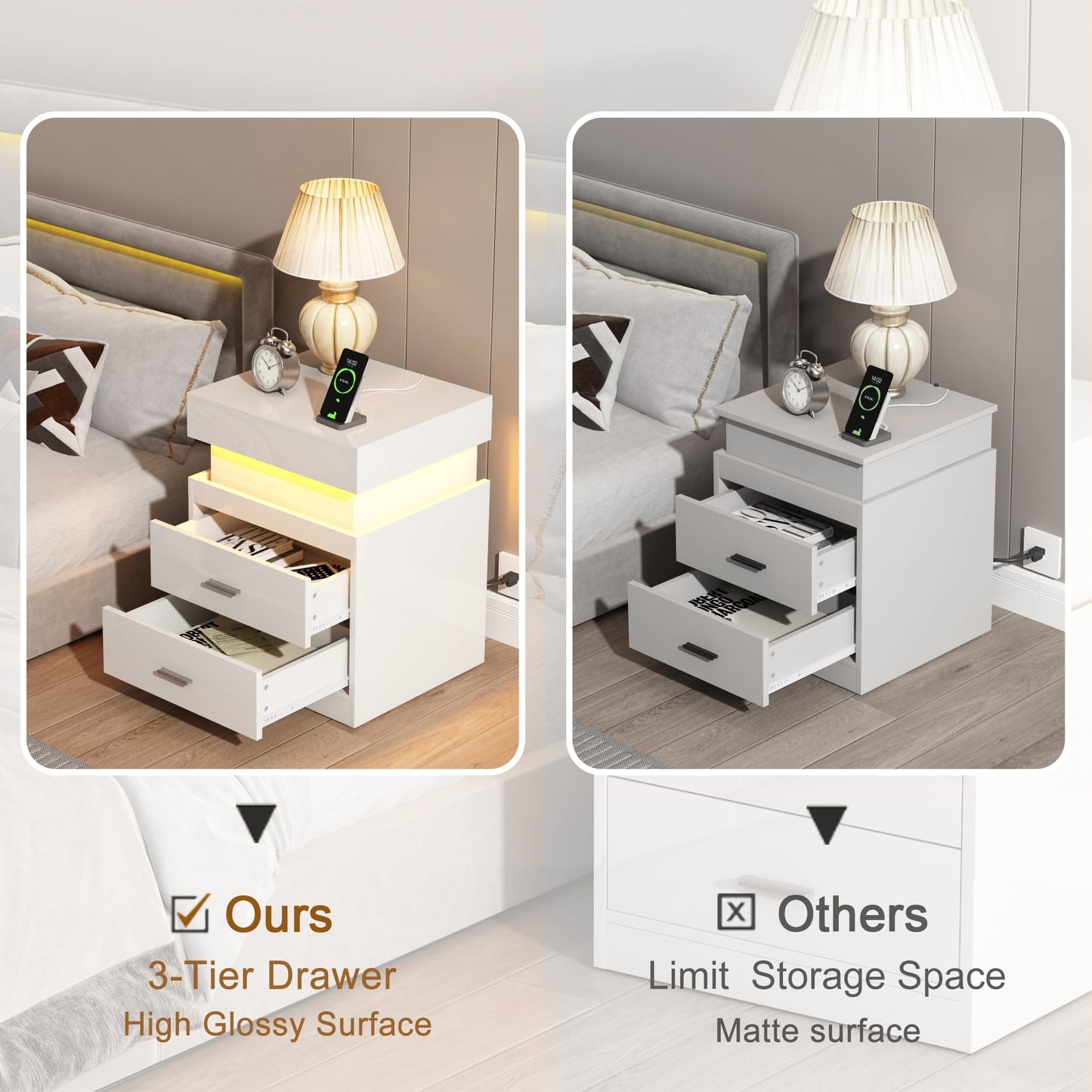 ChooChoo LED Nightstand with Charging Station, Smart Night Stand with Sliding Top Storage, 2-Drawers High Gloss Bedside Table, Modern End Table for Bedroom,White