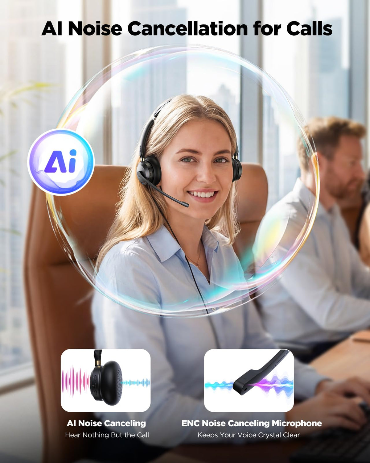 Wireless Headset with Mic for Work, AI ENC Noise Cancelling for Clear Call ＆ Meeting, Work Headset with Charge Stand for Remote & Office, Bluetooth 5.3 & 2.4G Dongle Headset for PC, Phone, Teams, Zoom