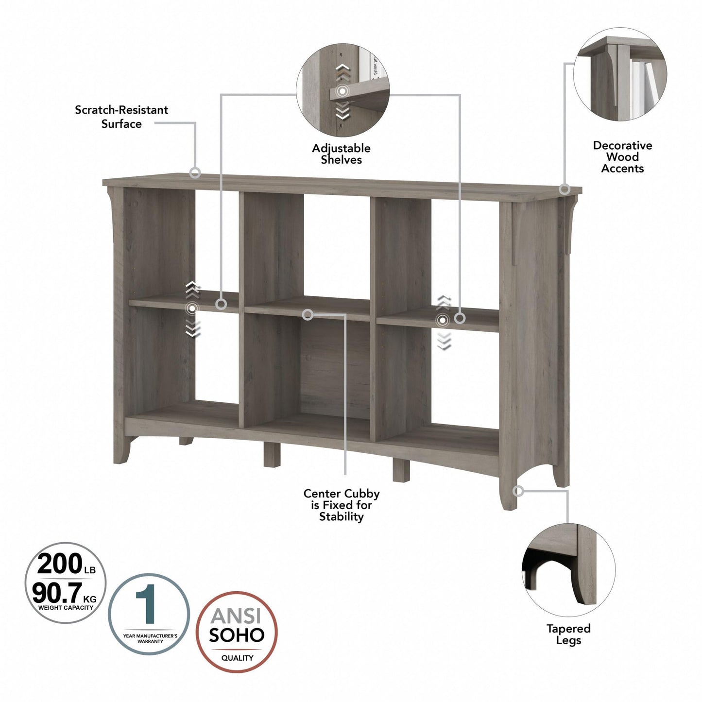Bush Home Salinas 6 Cube Organizer in Driftwood Gray, Office Storage Solution, Home Organizer with Open Shelving, Compact Unit for Books and Supplies