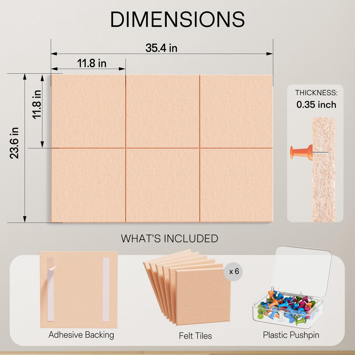 MaxGear Large Cork Board for Wall 36" x 24", Peach Beige Bulletin Board, 6 Pack Felt Wall Tiles with Pushpins, Cork Boards for Office Push Pin Board Tack Board Felt Board