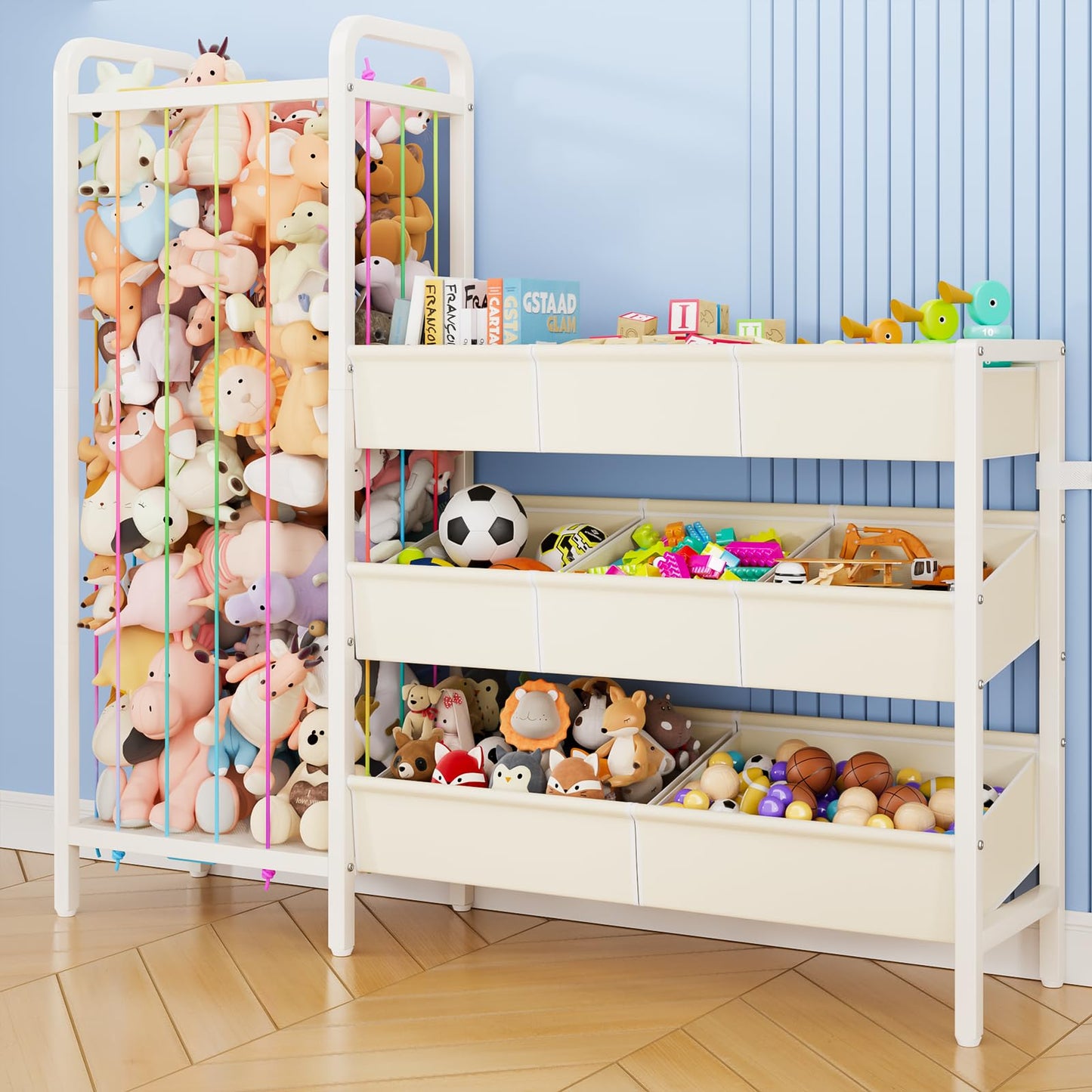 CYXPHION B6 Toy Storage Organizer with Stuffed Animal Storage, 3-Tier Wooden Shelves and 8 Bins, Toy Shelf Organizer, Kids Bookshelf and Toy Storage for Kids Room, Bedroom, Playroom, Nursery, White
