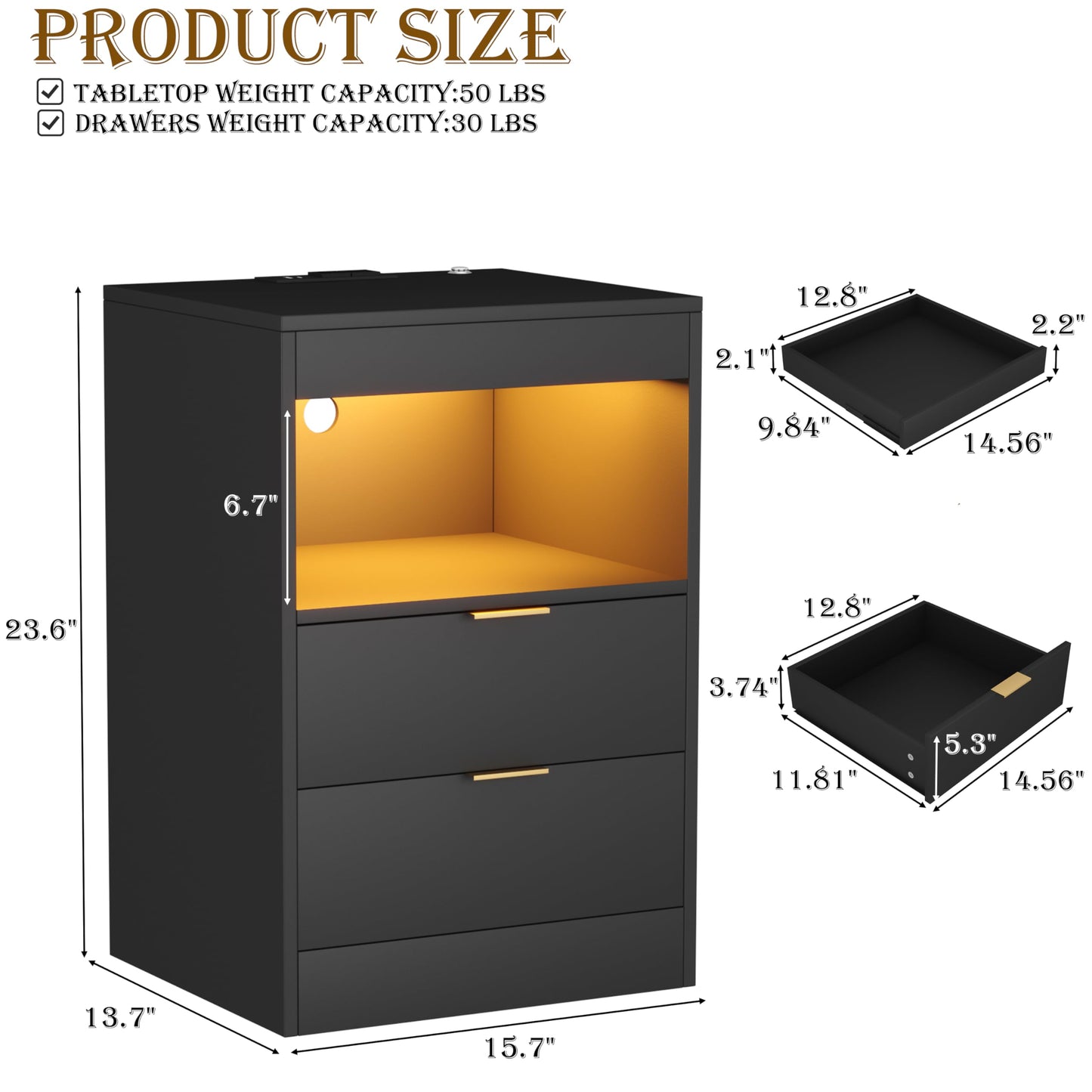 Yusong Night Stand with Gun Drawer & Invisible Lock, Bedside Table, LED Nightstand with Charging Station, Modern Night Stand, Wood Sofa Couch End Side Table with 2 Pull-Out Shelf (Black 002)