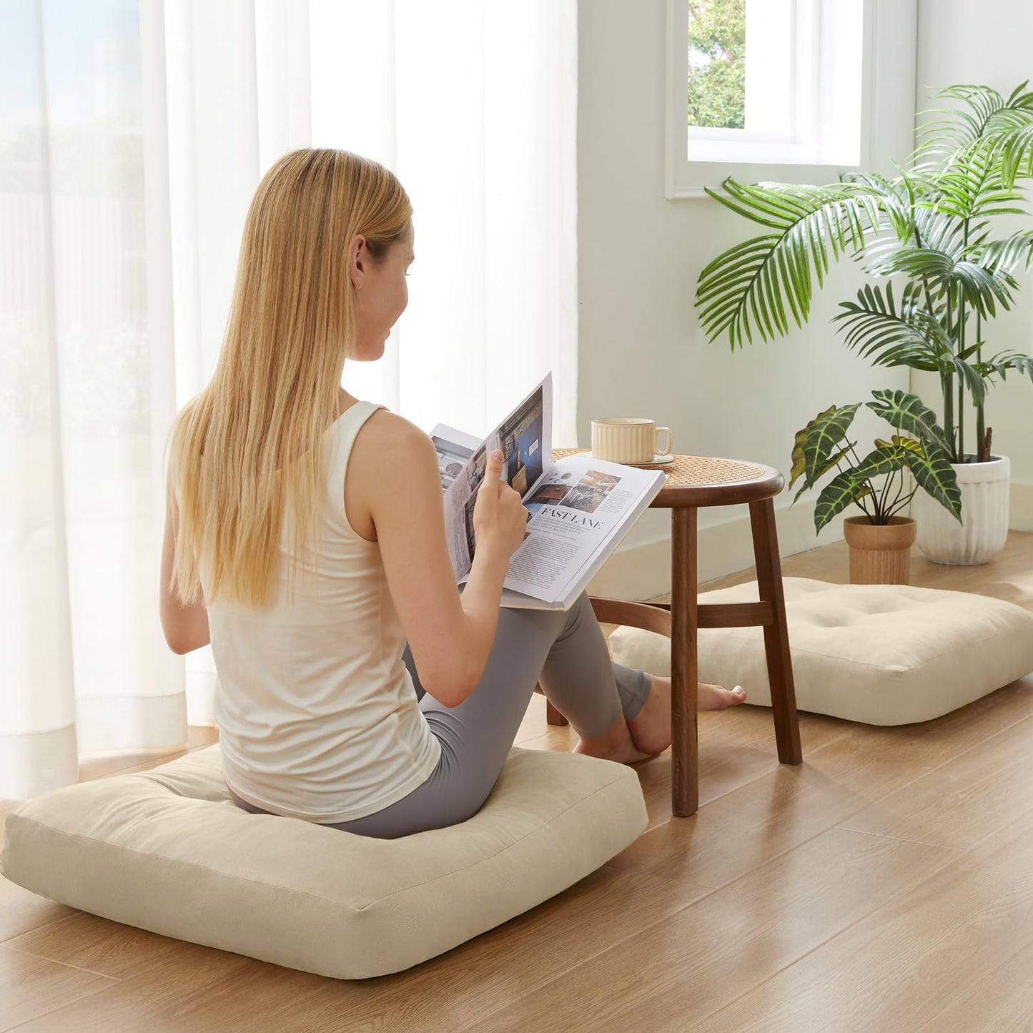 SM-XLHN Meditation Floor Pillow Set of 1, Square Large Pillows Seating for Adults, Meditation Cushion Pillow,Tufted Corduroy Cushion for Tatami Living Room or Yoga, Beige, 22x22 Inch