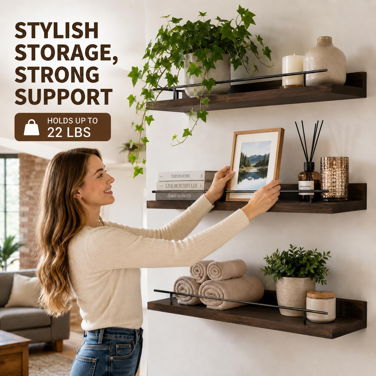 LRDZSWY 3-Tier Floating Shelves Wall Mounted, Rustic Wood Bathroom Shelves with Metal Guardrail, Heavy Duty Wall Storage Display Rack for Bedroom, Living Room, Kitchen and Office