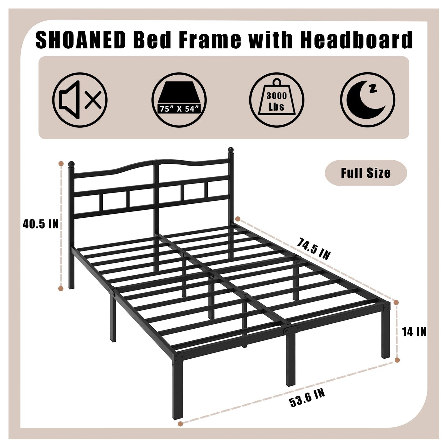 SHOANED 14 Inch Metal Bed Frame - Full Size Heavy Duty Bedframe with Headboard Black Basic Steel Slats Platform No Box Spring Needed/Easy Assembly/Noise Free