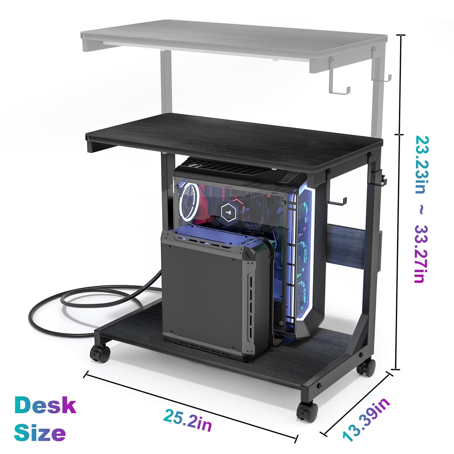 Height Adjustable Computer Tower Stand with Charge Station and USB Charging Port, 2-Tier ATX-Case Cart, Under Desk Mobile PC Stand, CPU Holder Cart with Locking Caster Wheels for Fits Most PC