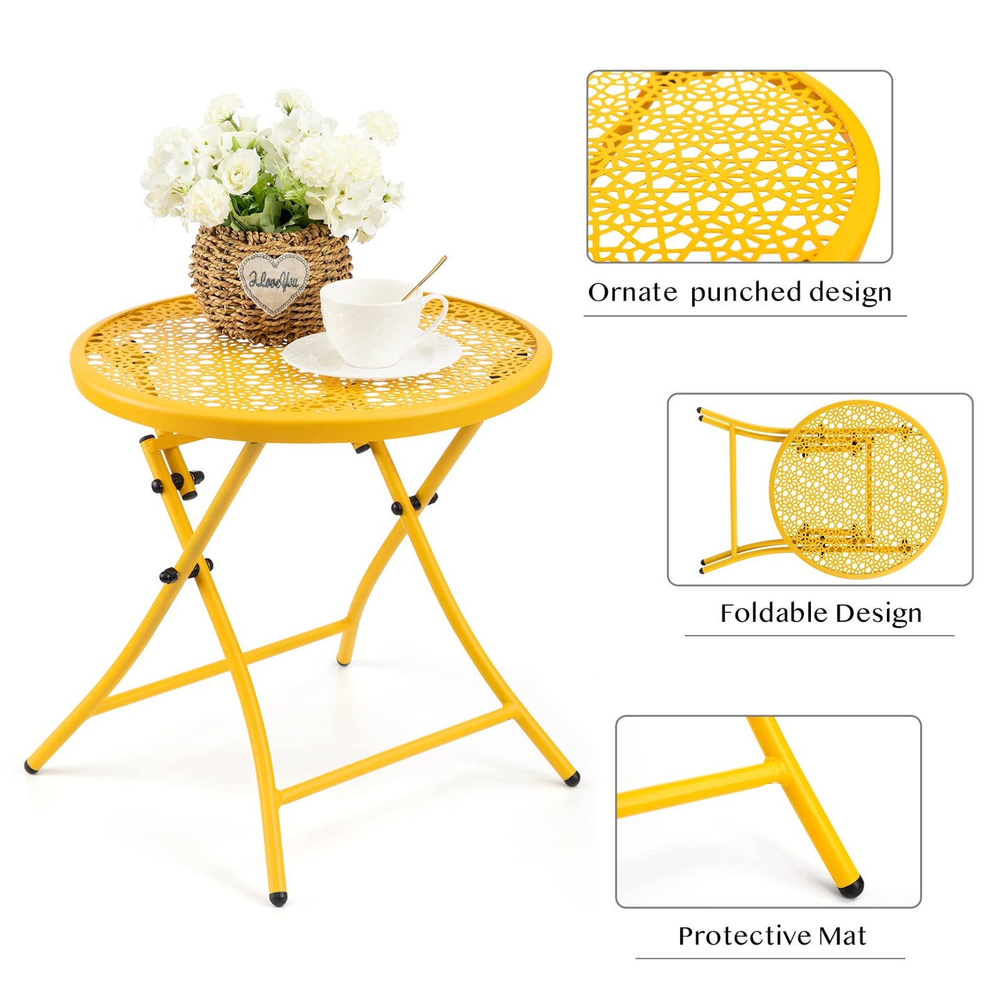 TeoKJ Folding Outdoor Side Tables, Anti Rust Small Patio Table Round Metal Nightstand with Flower Cutouts for Porch Yard Balcony Deck Lawn, Yellow