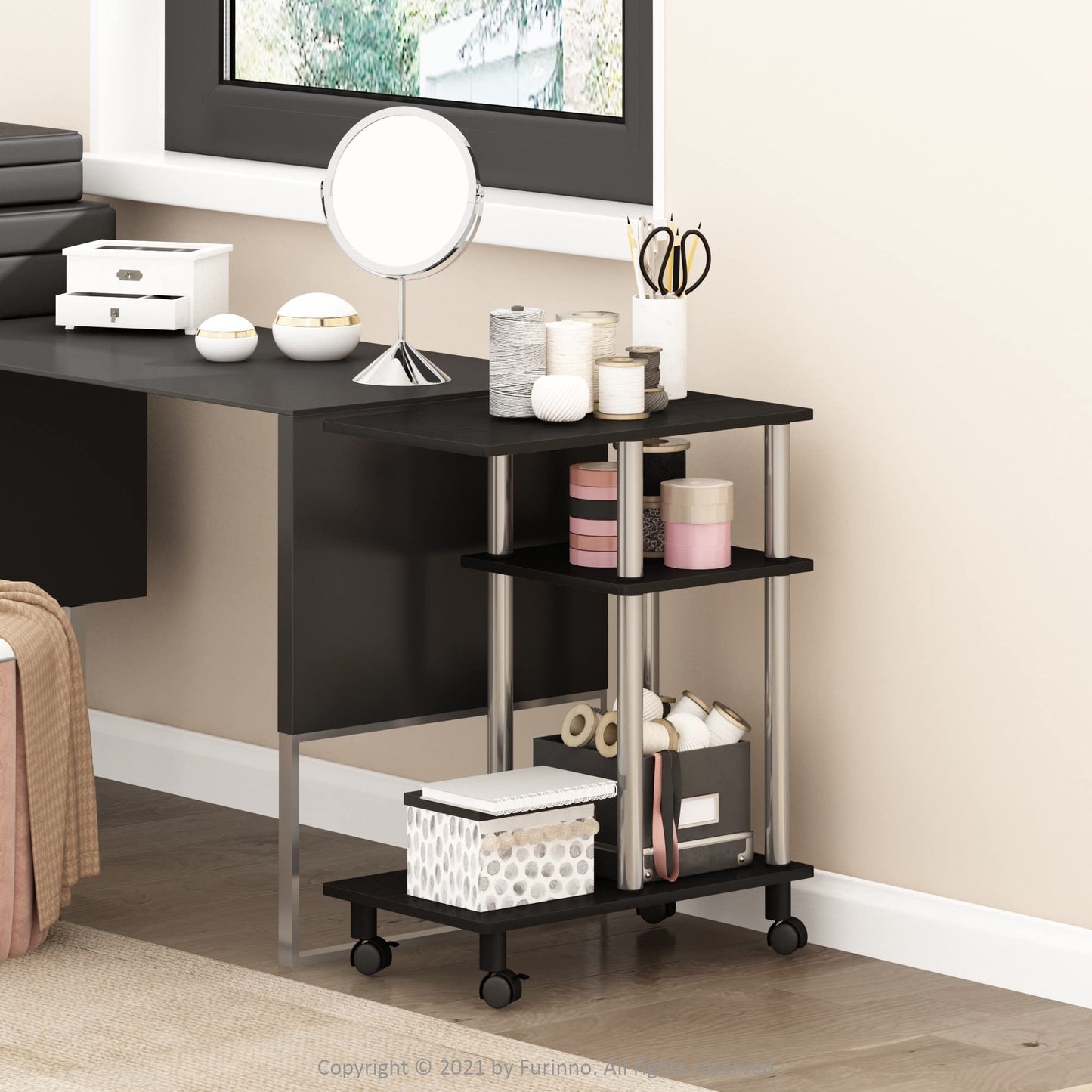 Furinno Turn-N-Tube C Shaped Side Table with Casters, Americano/Stainless Steel