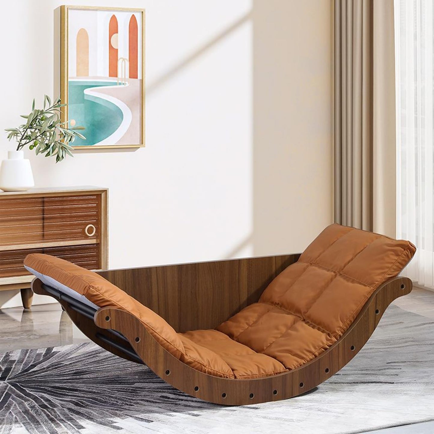 Curved Rocking Lounge Chair for Living Room, Multifunctional Lazy Lounge Chair, Human Dog Nest Napping Chair, Dormitory Balcony Sofa Chair (Orange)